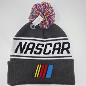 NASCAR Gray Beanie with Multicolor Pom Pom